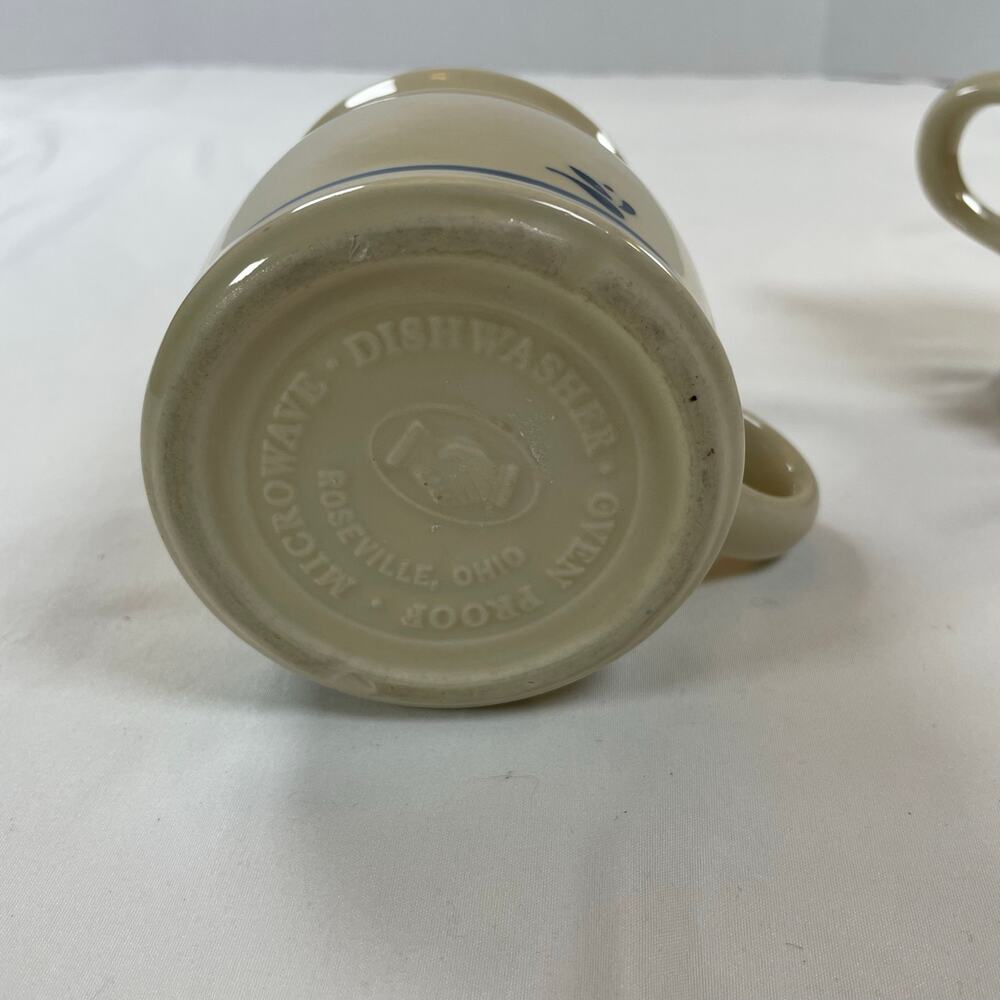 Roseville Ohio Pottery Blue Stripe Flower Mug Set 4 Stoneware Vintage USA - Picture 4 of 6